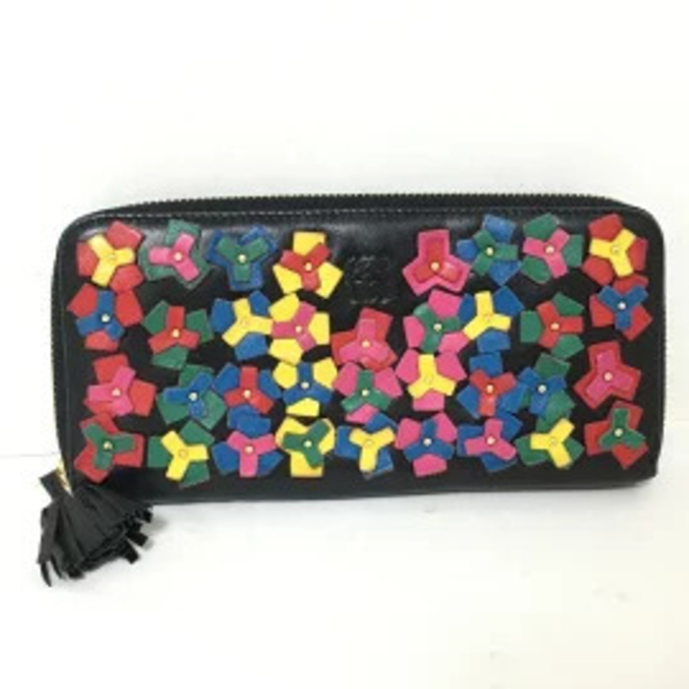 Loewe Long Wallet Round Zipper Tassel Black x Red Multi Leather